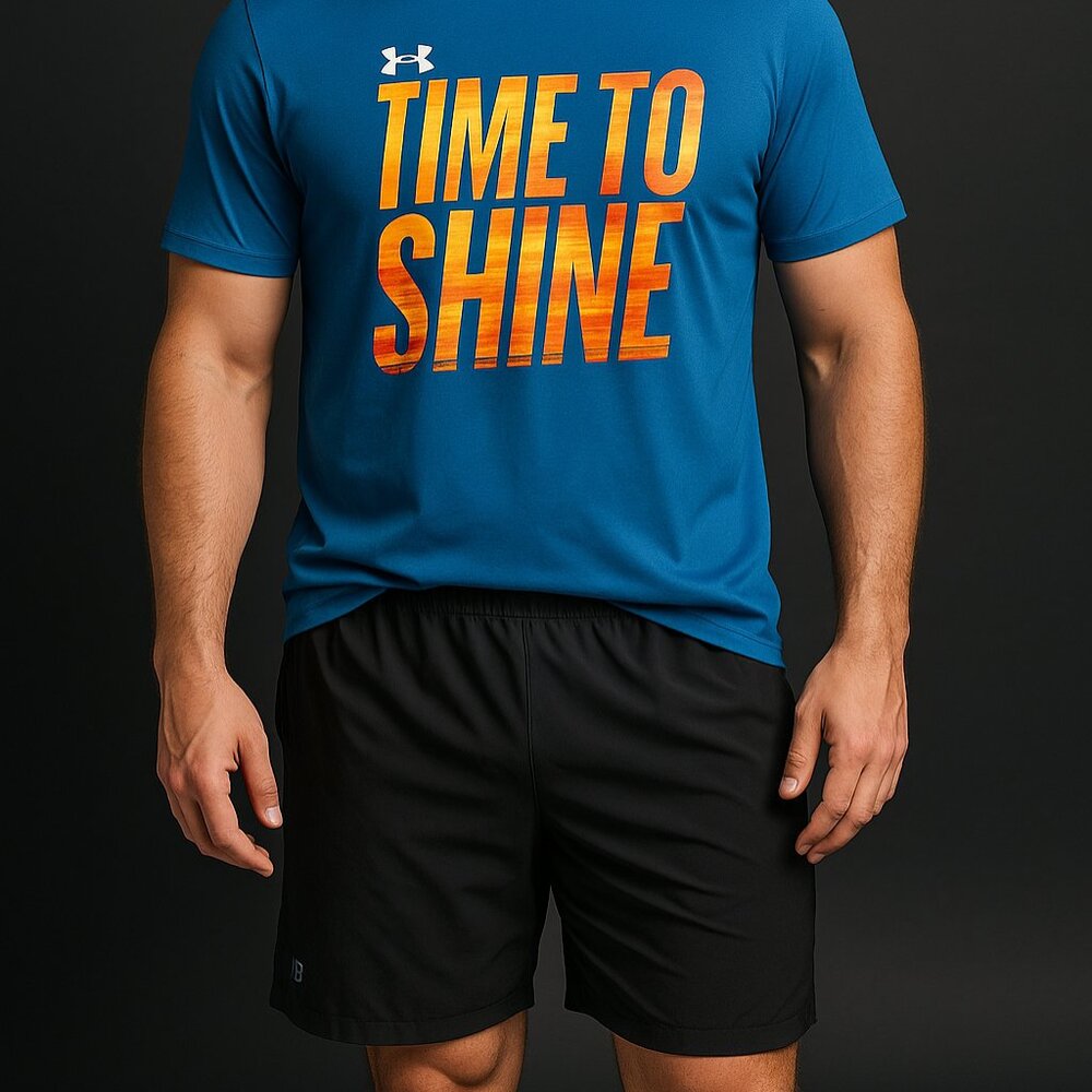 Under Armour “Time to Shine” Tee + Layer 8 Quick-Dry Shorts – Size XL